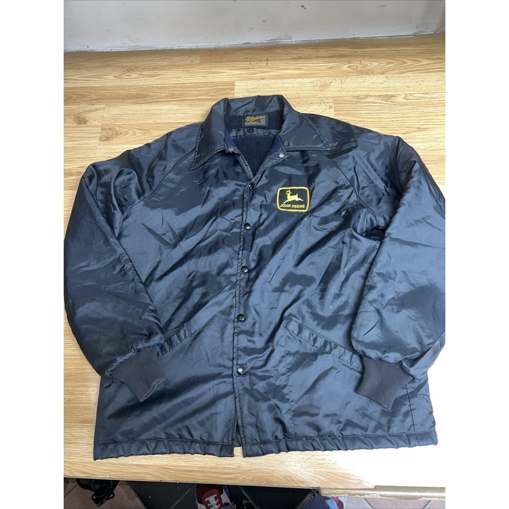 Vintage Swingster Fleece Lined John Deere Satin Black Jacket Mens Large Snap‎ Up